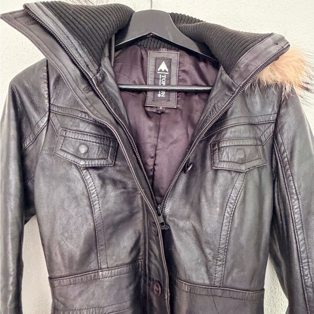 Top Gun Women’s Black Leather Long Coat Jacket Fur Hood S Genuine Leather - Picture 3 of 14